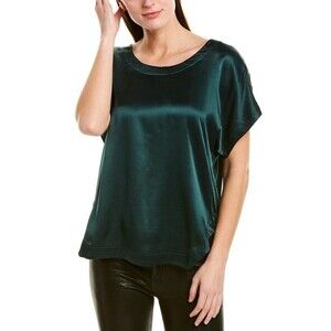 Heather By Bordeaux Luster Shirred Top S Scoop Neck Dark Green Shiny Blouse B20